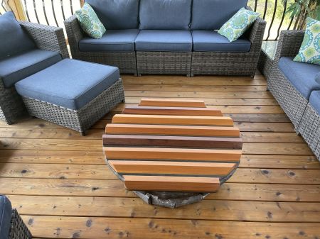 <p>A cute Roll-Up Cover® built for a gas fire pit to help keep the glass clean when not in use and adds a nice touch to this screened in porch.</p>