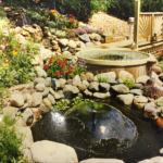 Cedar hot tub placed in a stunning outdoor garden setting for a peaceful and natural retreat