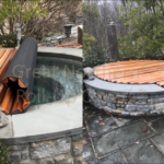 Split image showing rollup cover in action on an outdoor cedar hot tub surrounded by a brick setting
