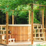 Outdoor cedar hot tub with built-in surrounding seating for comfort and social relaxation