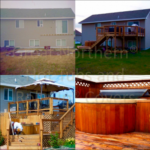 Collage showing four different hot tubs from past customers, each integrated into unique outdoor deck settings